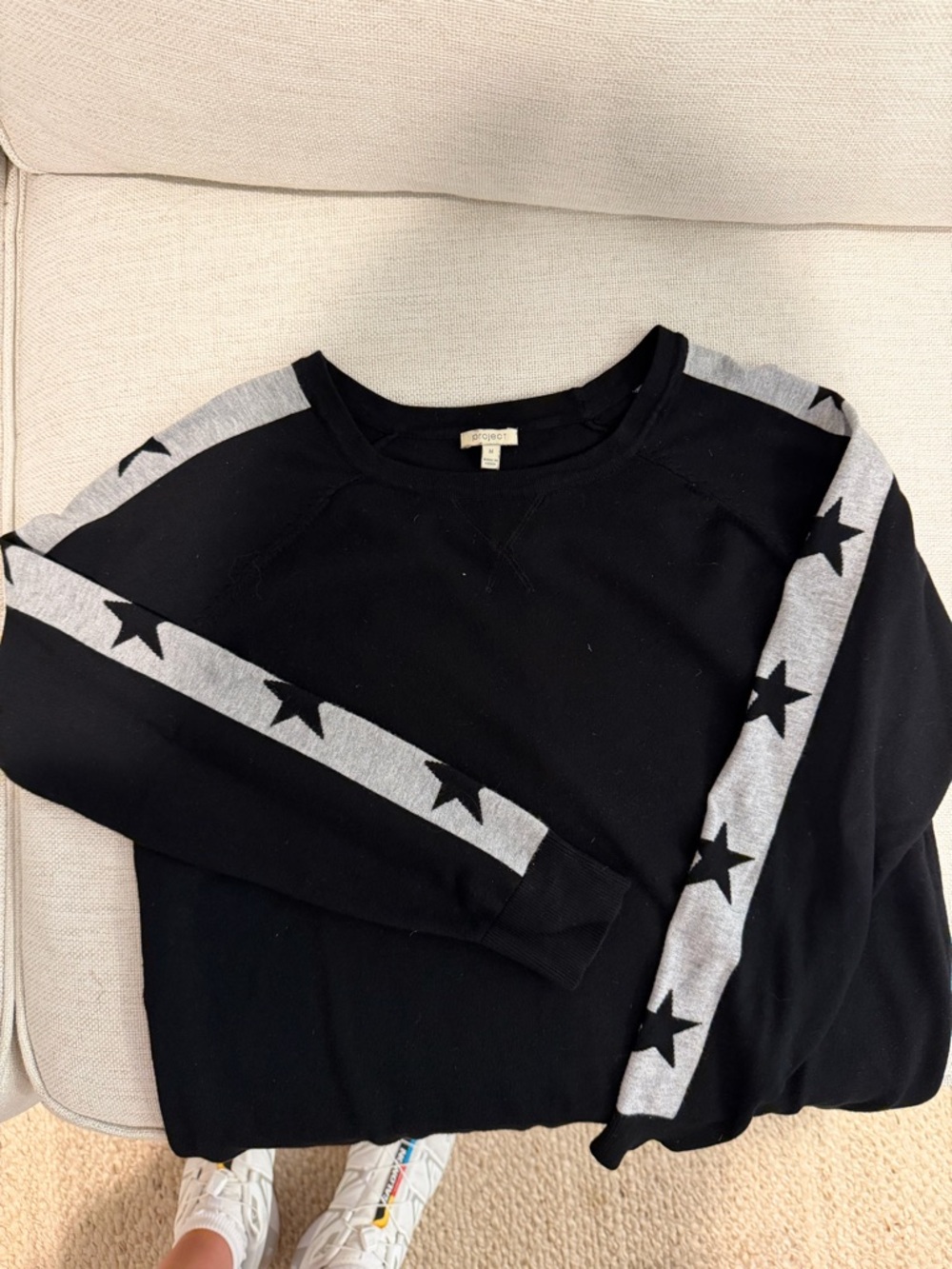 Project Social T Black Sweater with Gray Star Stripes